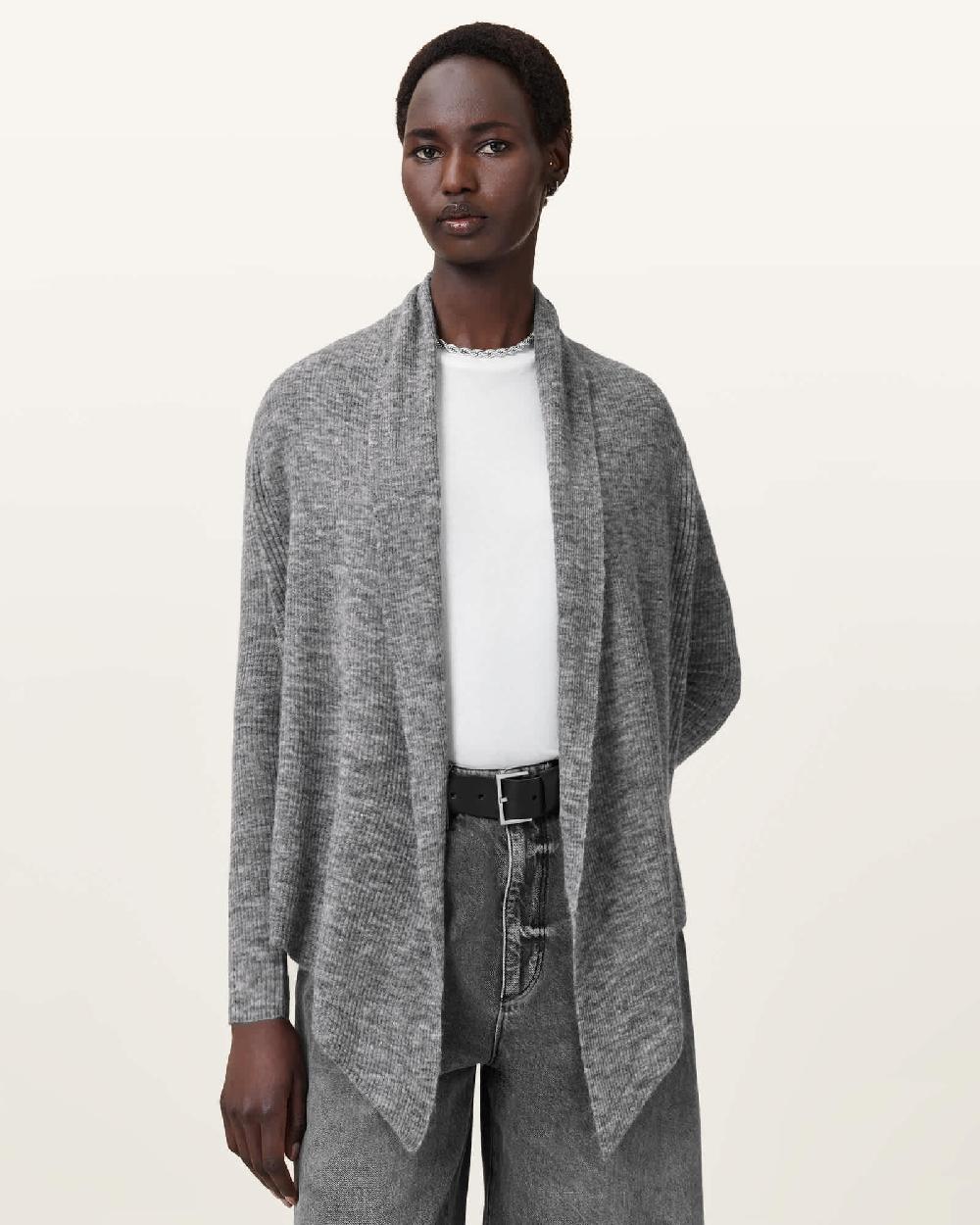 All Saints Harper Knitted Open Cardigan Pale Grey