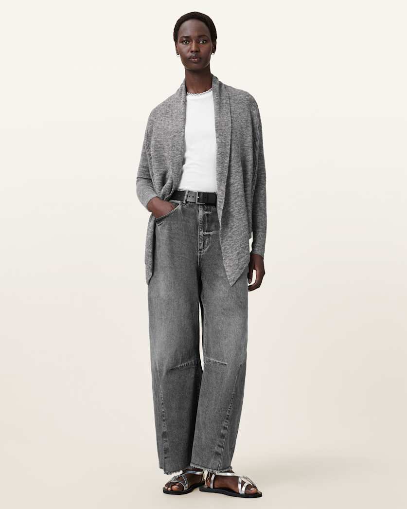 all saints Harper Knitted Open Cardigan Pale Grey