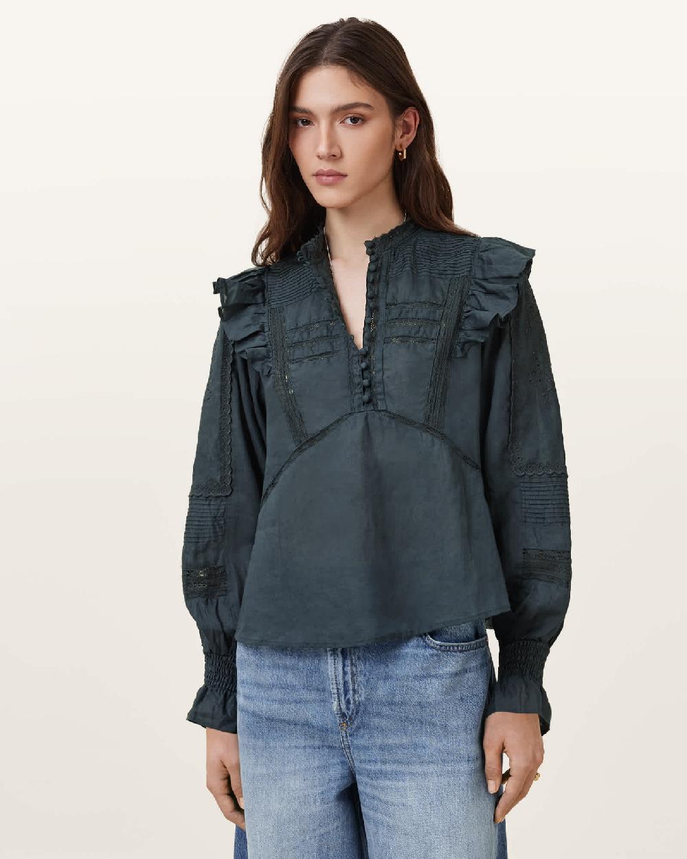 All Saints Heather Lace Trim Top Blueberry Blue