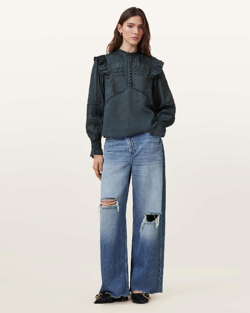 All Saints Heather Lace Trim Top Blueberry Blue