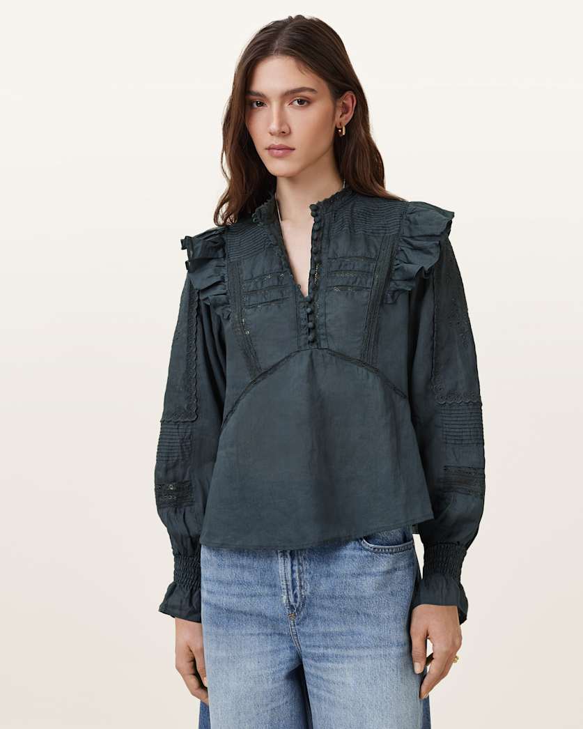 all saints Heather Lace Trim Top Blueberry Blue