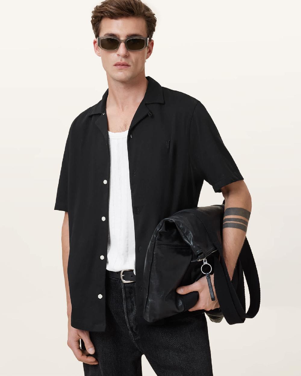 All Saints Hudson Relaxed Fit Ramskull Shirt Black