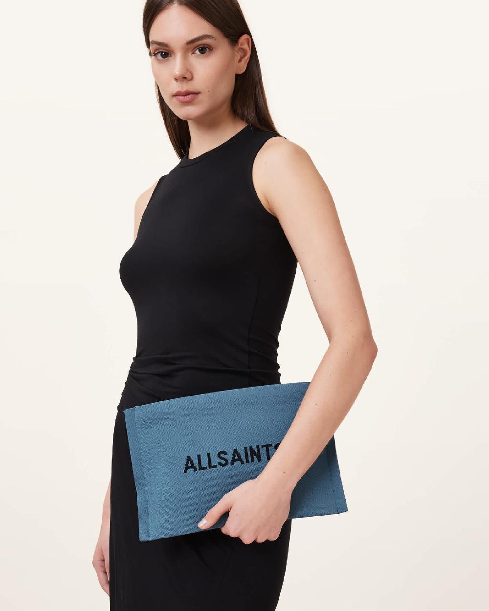 All Saints Izzy Logo Knitted Clutch Steel Blue