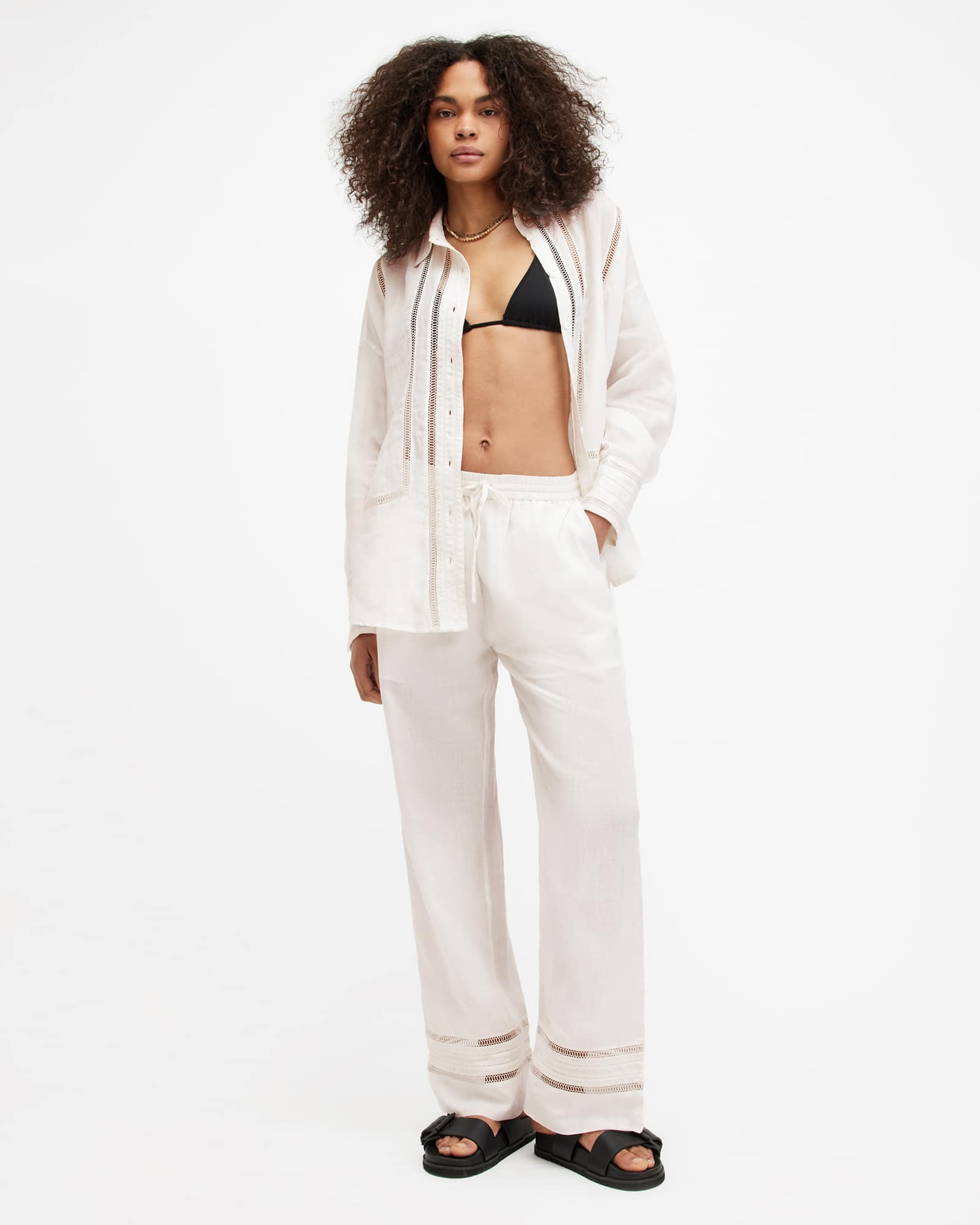 All Saints Jade Linen Wide Leg Pants Ecru White