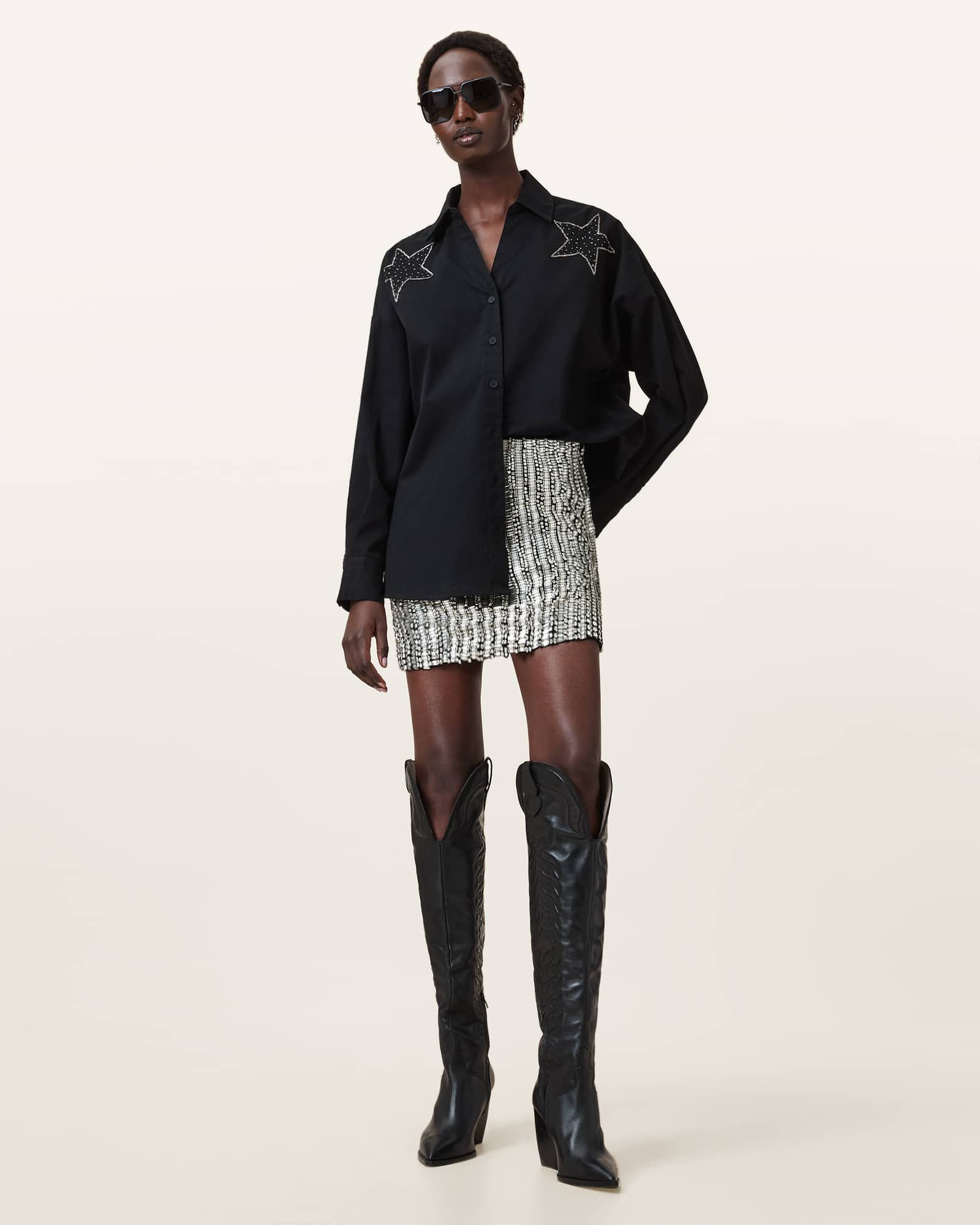 All Saints Jamilia Embellished Mini Skirt Silver