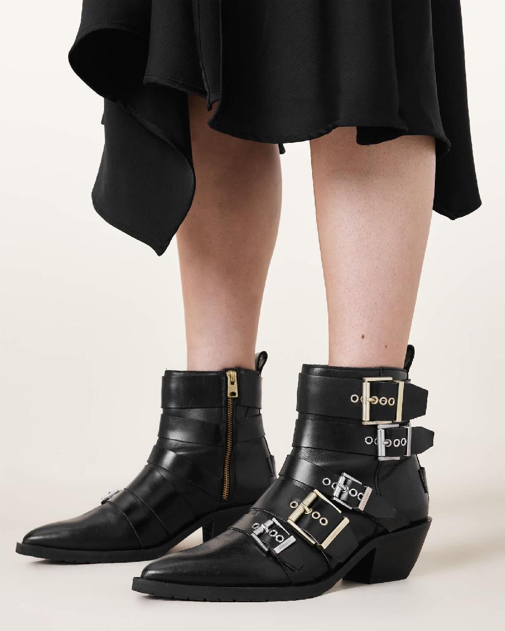 All Saints Jane Buckle Pointed Leather Boots Black