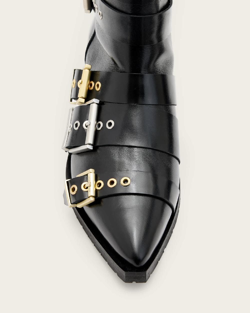 All Saints Jane Buckle Pointed Leather Boots Black