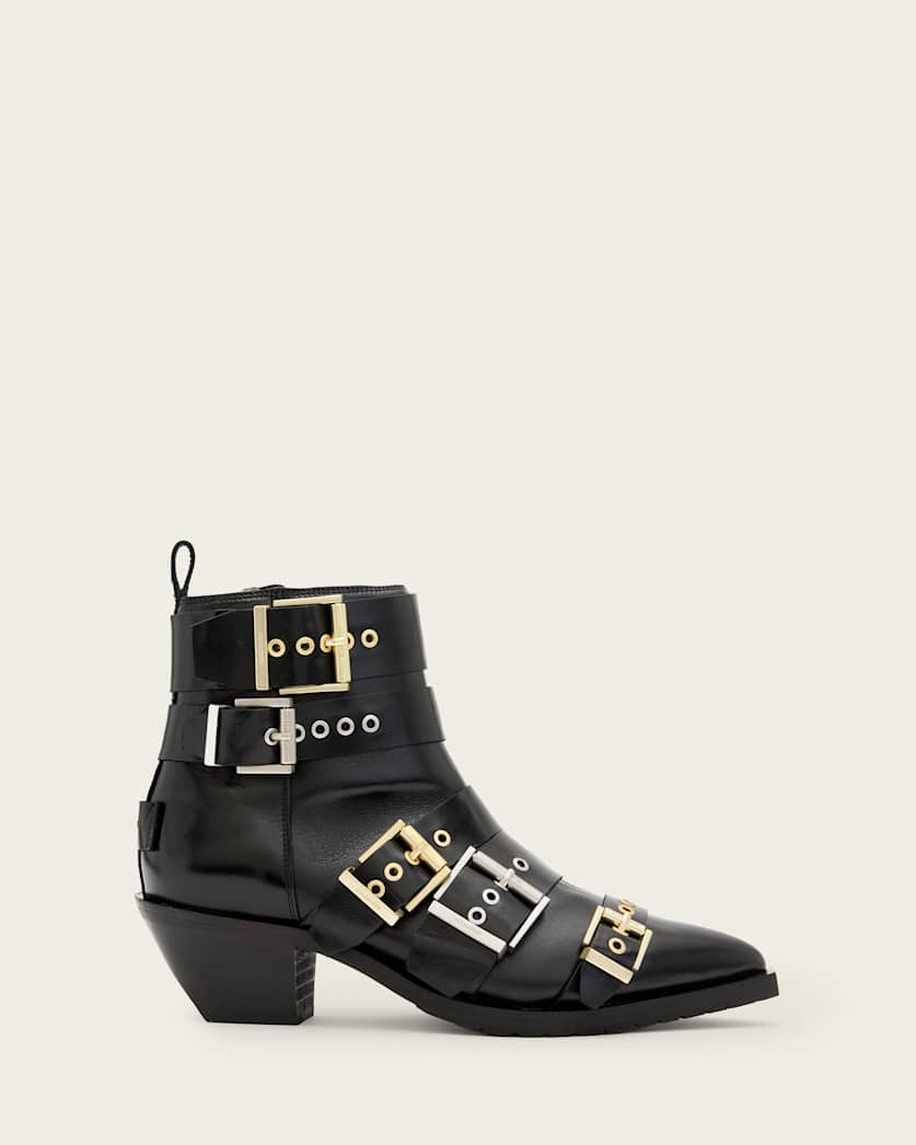 all saints Jane Buckle Pointed Leather Boots Black