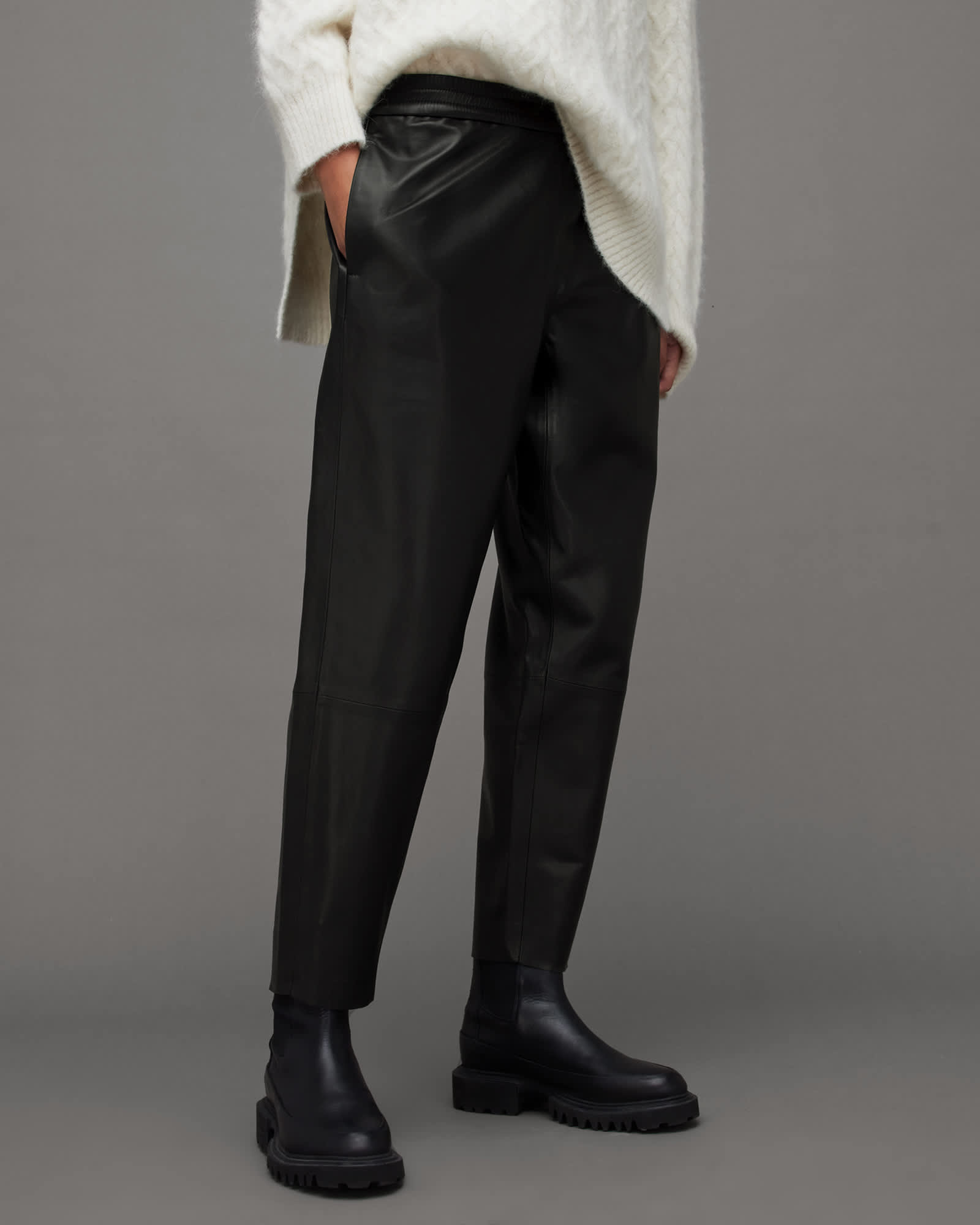 All Saints Jen Mid-Rise Leather Jogger Pants Black