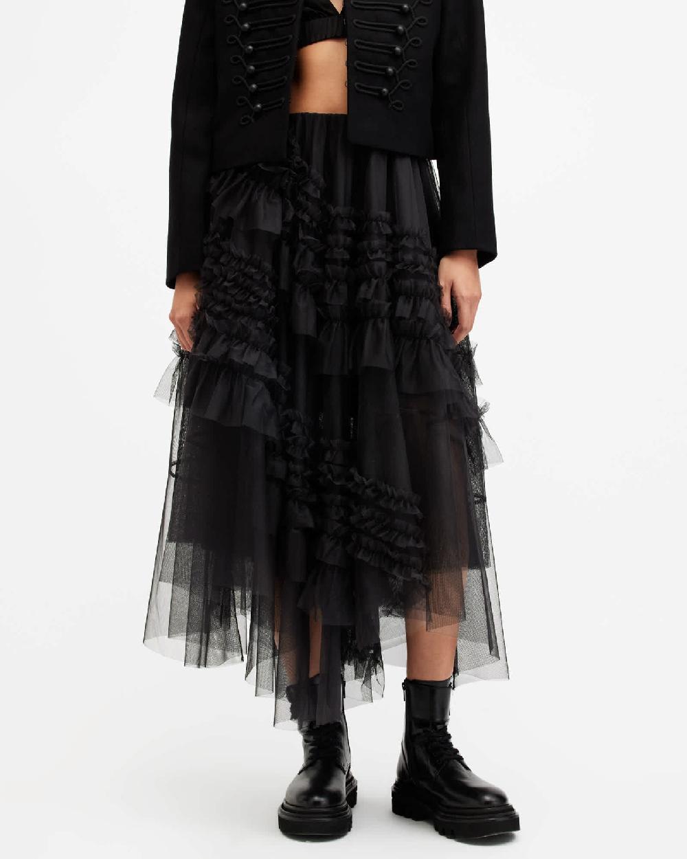 All Saints Jen Tulle Asymmetric Maxi Skirt Black