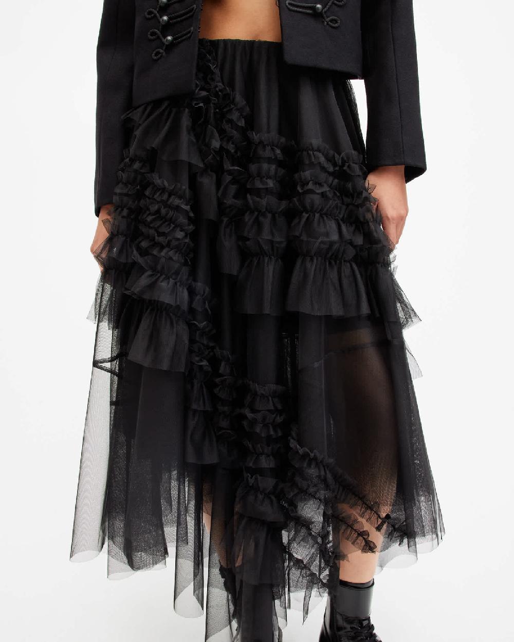 All Saints Jen Tulle Asymmetric Maxi Skirt Black