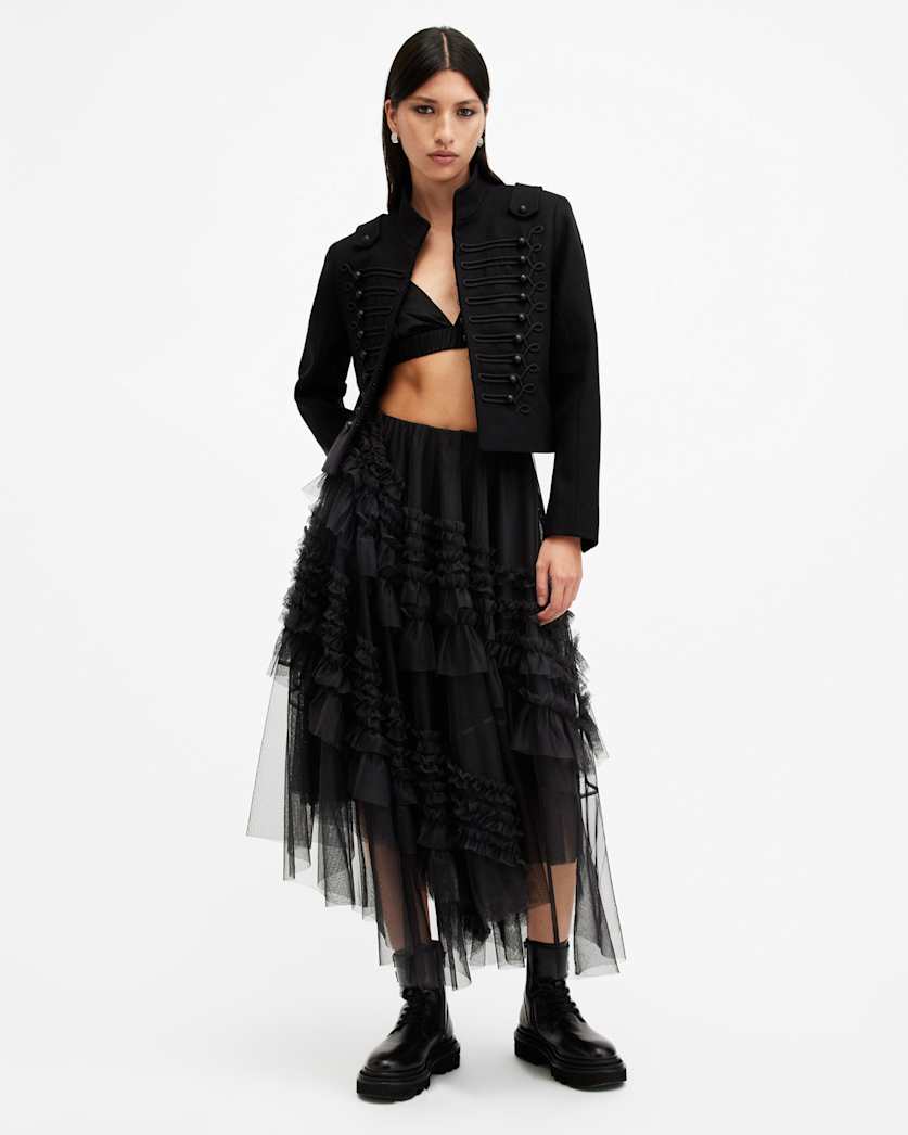 all saints Jen Tulle Asymmetric Maxi Skirt Black