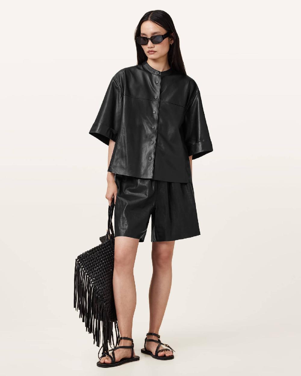 All Saints Jenna Lea Leather Shirt Black