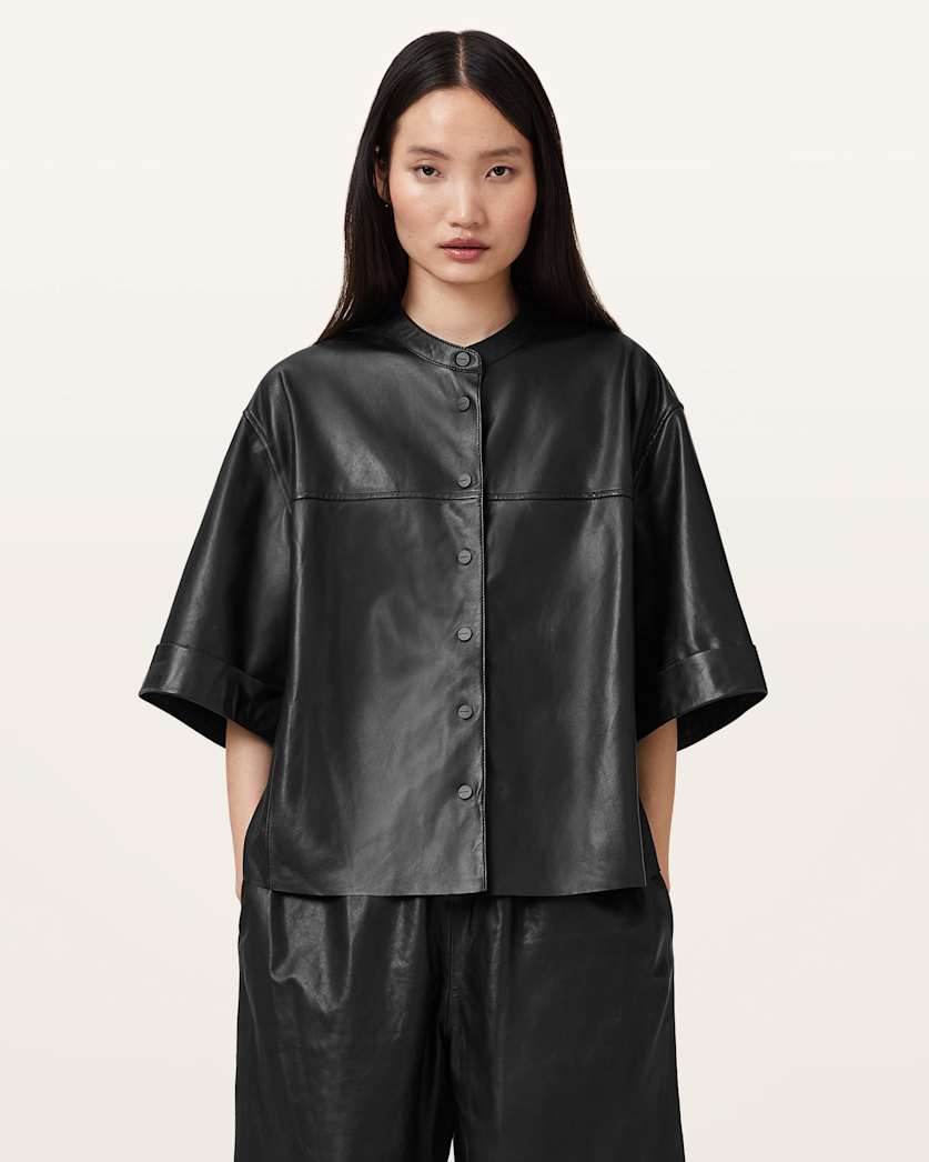 all saints Jenna Lea Leather Shirt Black
