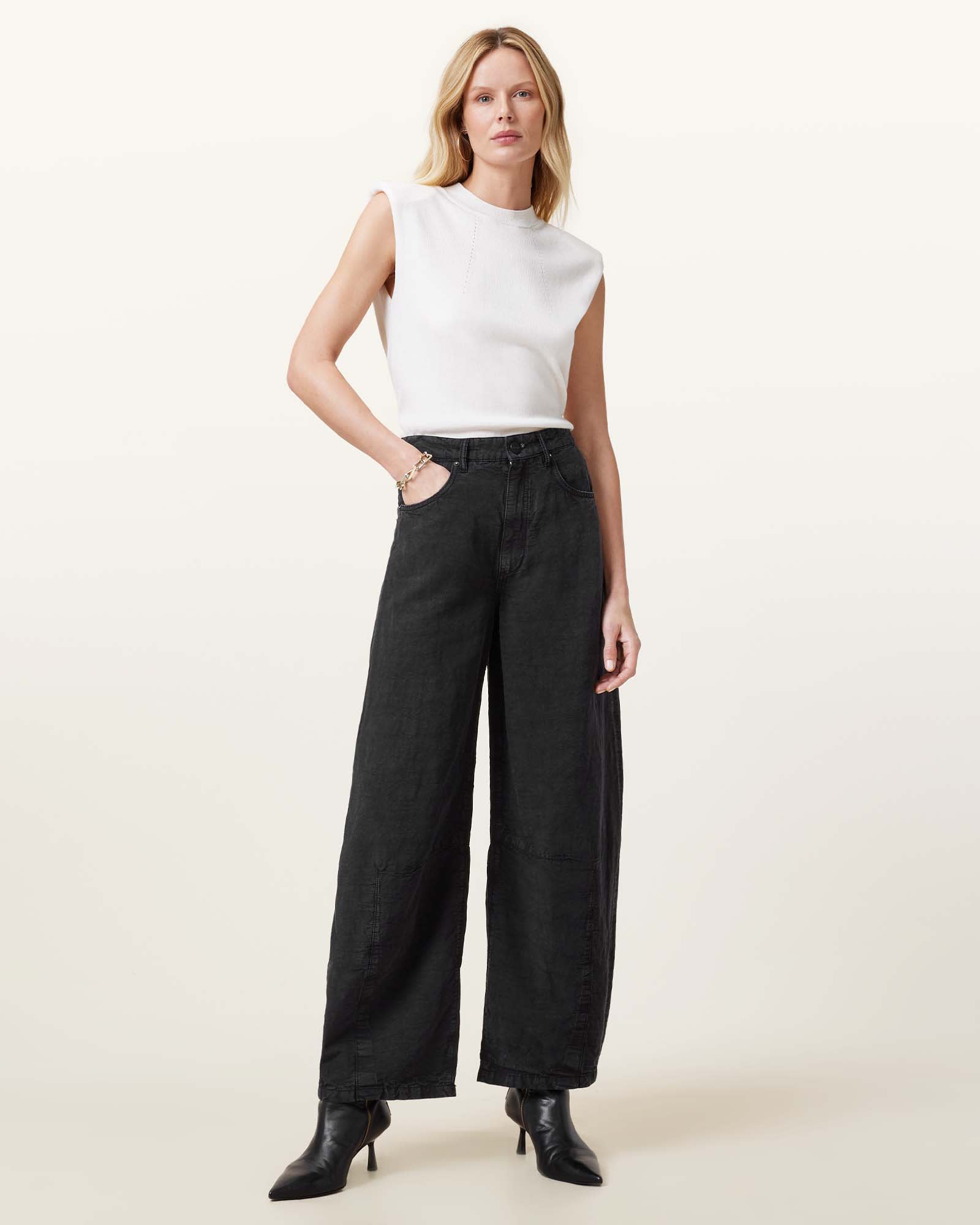 All Saints Jett Barrel Leg Linen Blend Pants Black