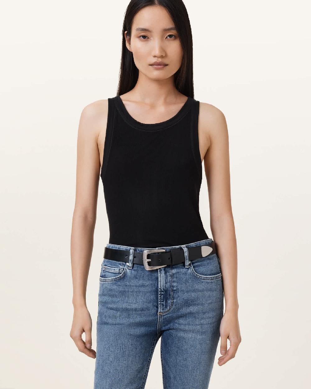 All Saints Jianna Leather Belt BLACK/ANTQ NICKEL