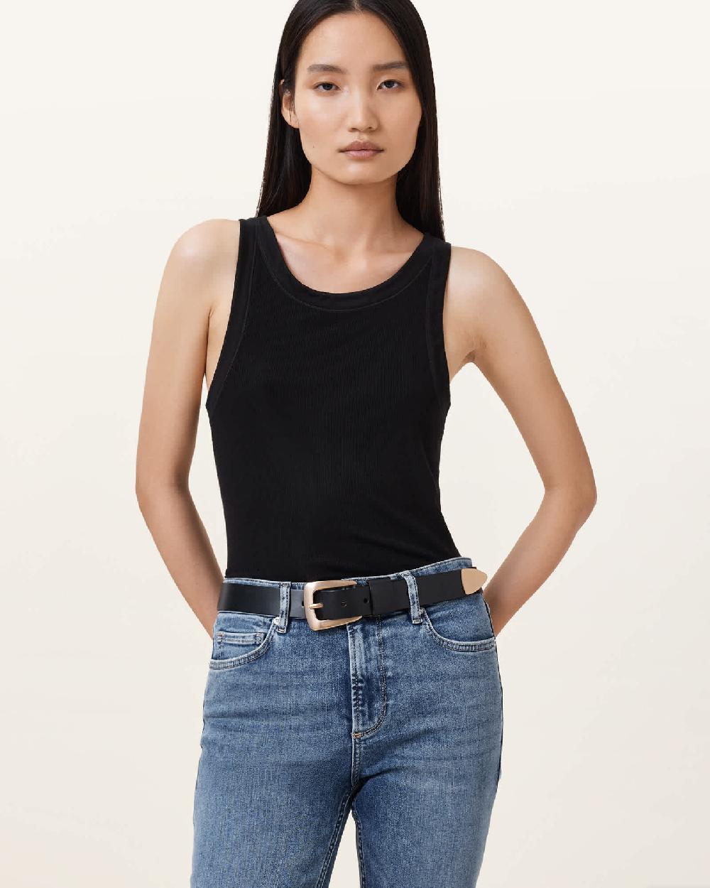 All Saints Jianna Leather Belt BLACK/WARM BRASS