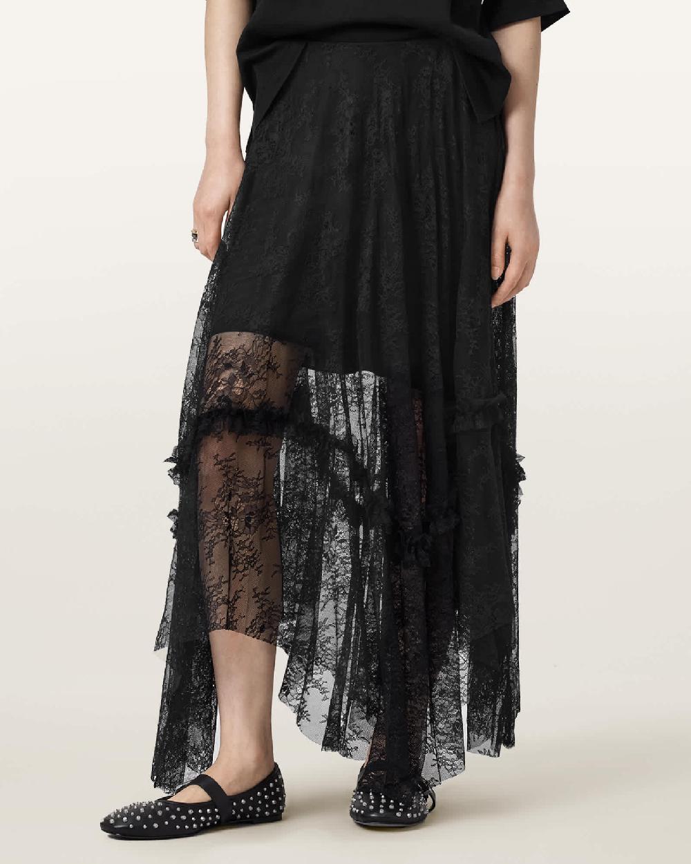All Saints Josie Tiered Lace Midi Skirt Black