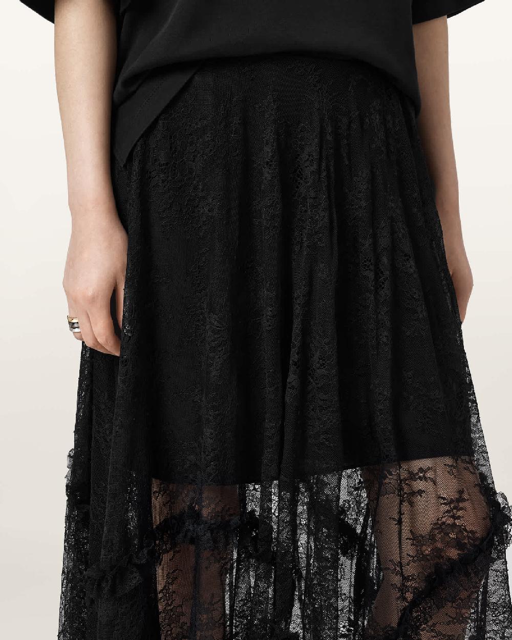 All Saints Josie Tiered Lace Midi Skirt Black