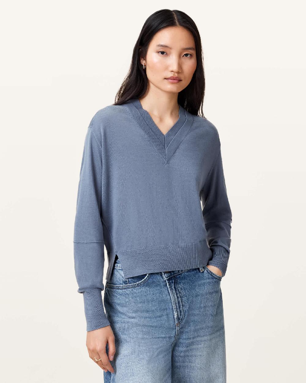 All Saints Julieana V Neck Wool Sweater Flint Grey