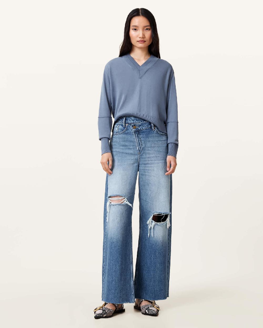 All Saints Julieana V Neck Wool Sweater Flint Grey