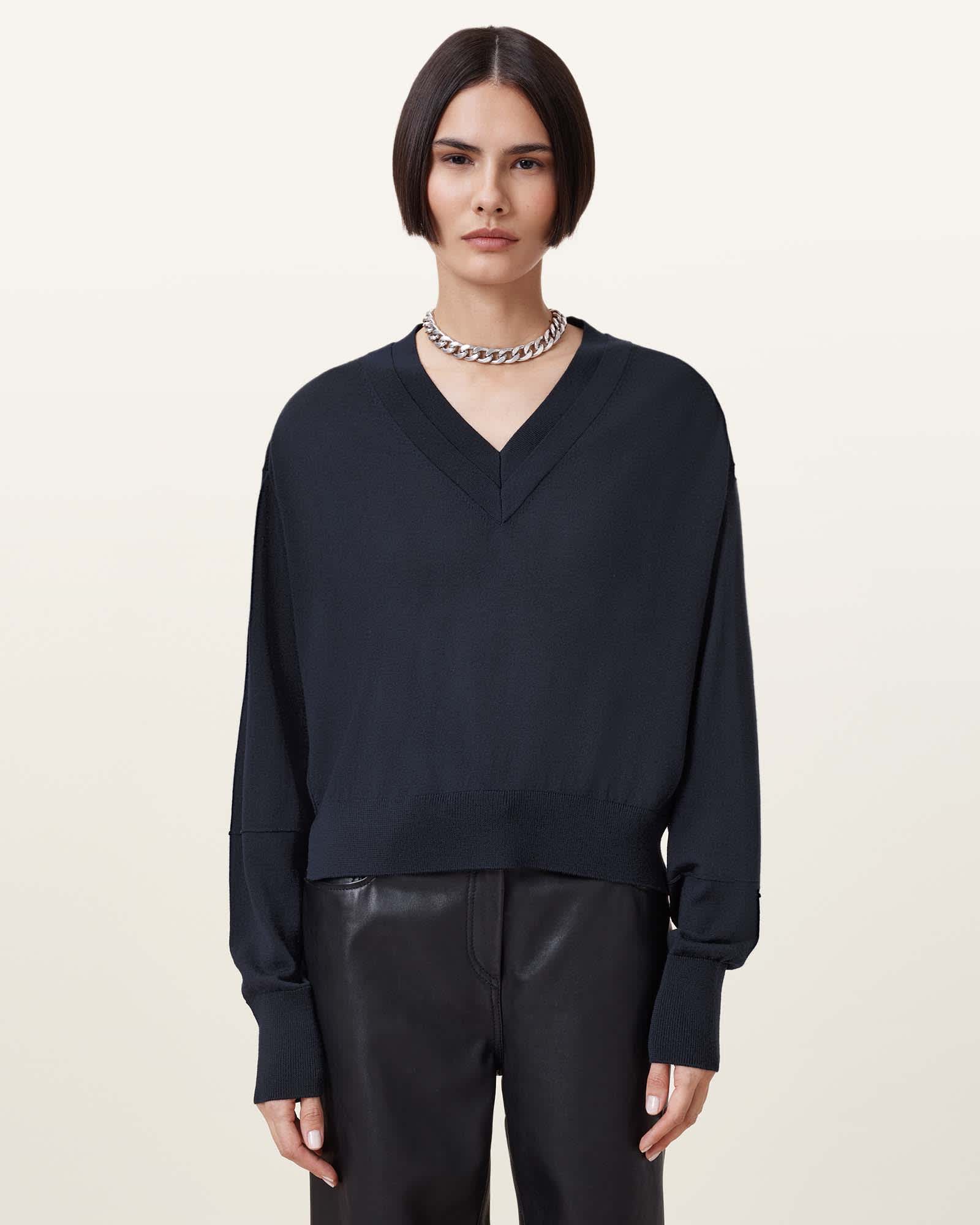All Saints Julieana V Neck Wool Sweater Ink Blue