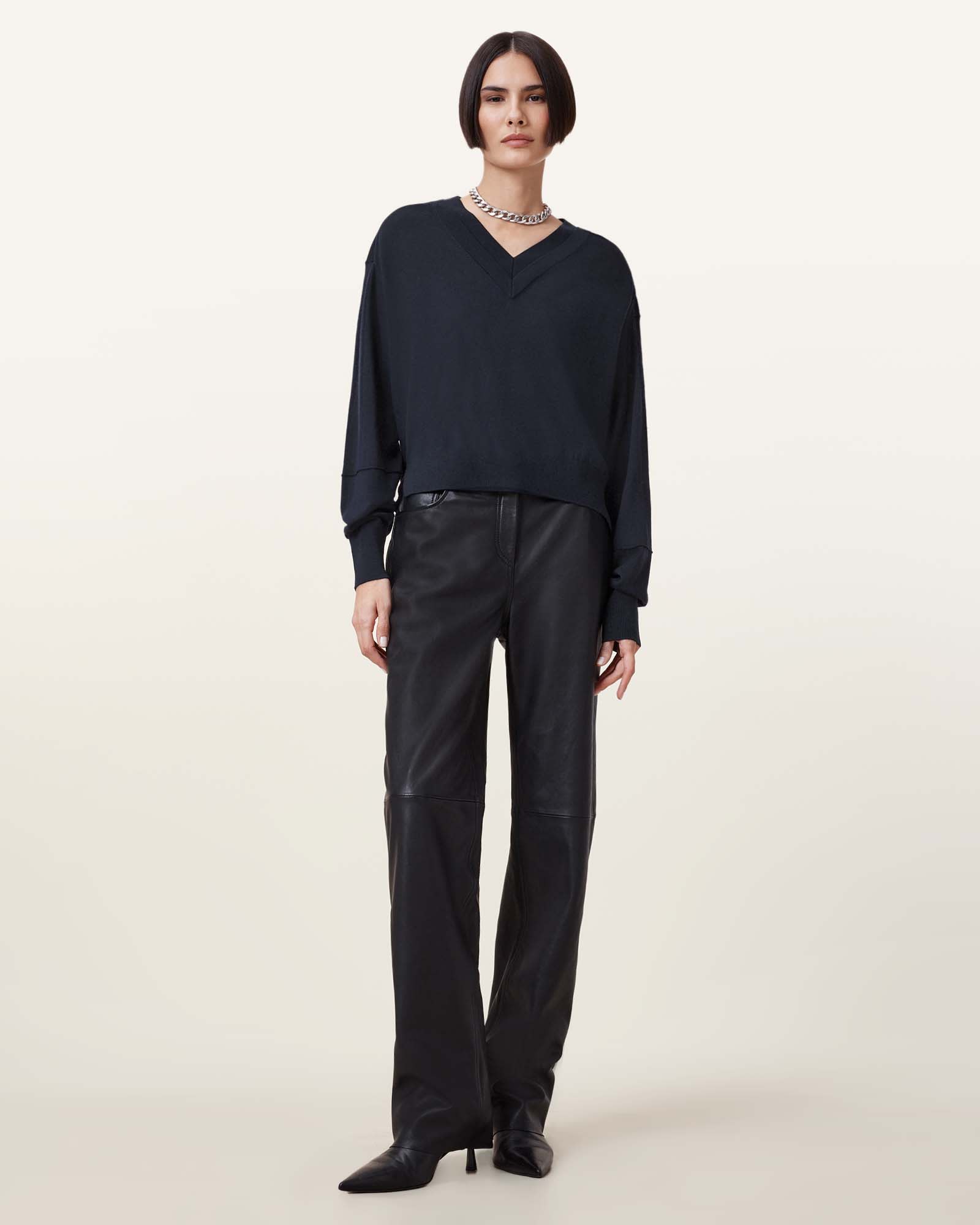 All Saints Julieana V Neck Wool Sweater Ink Blue