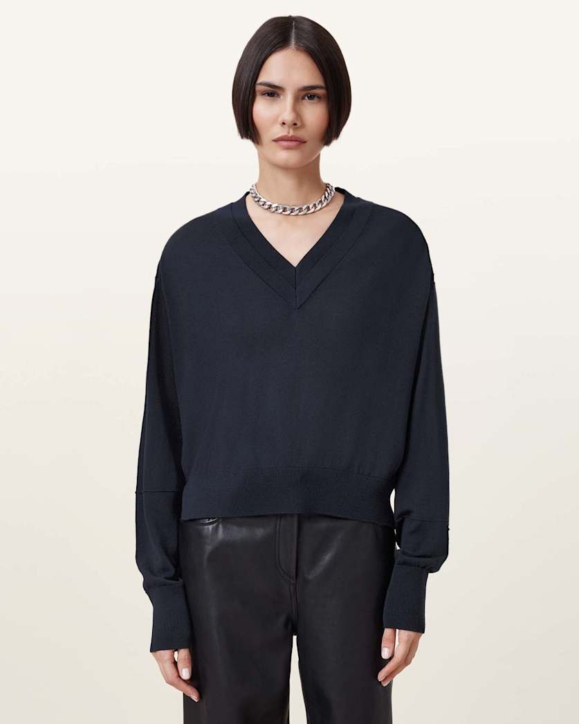 all saints Julieana V Neck Wool Sweater Ink Blue