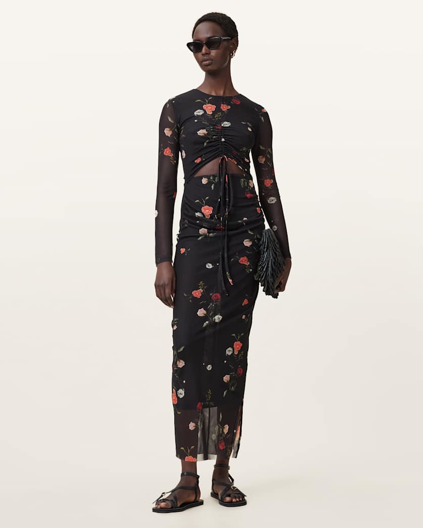 all saints Kathy Print Mesh Maxi Dress Briar Black
