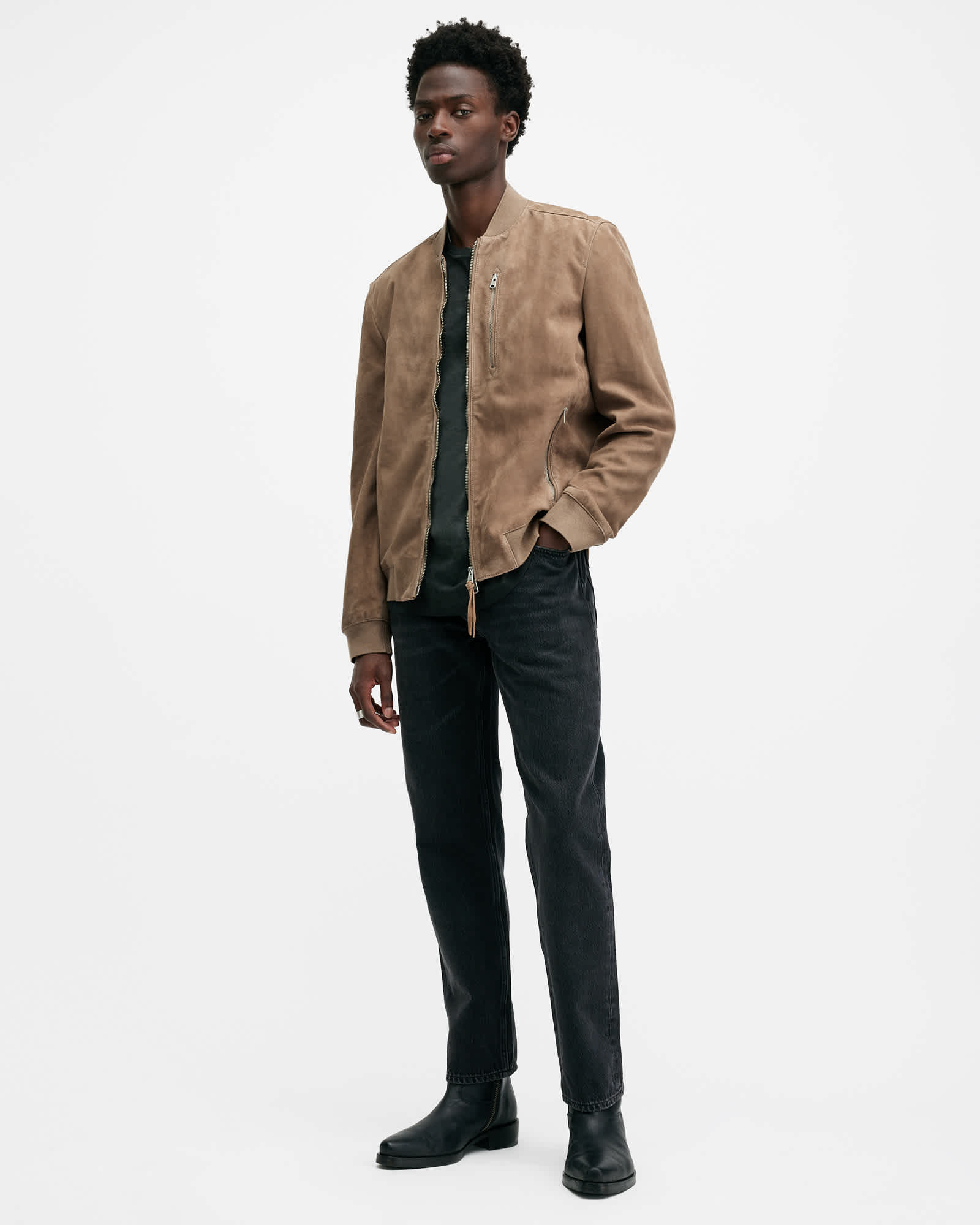 All Saints Kemble Suede Bomber Jacket Acre Brown