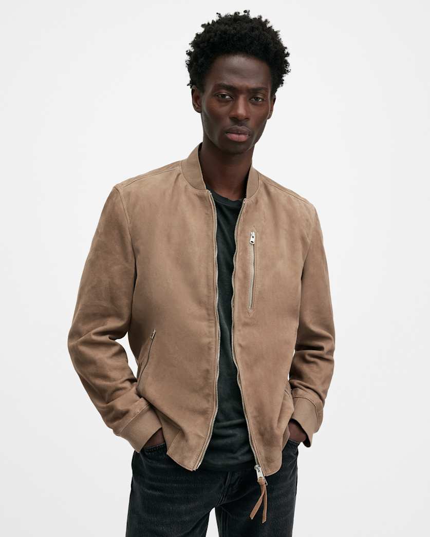 all saints Kemble Suede Bomber Jacket Acre Brown