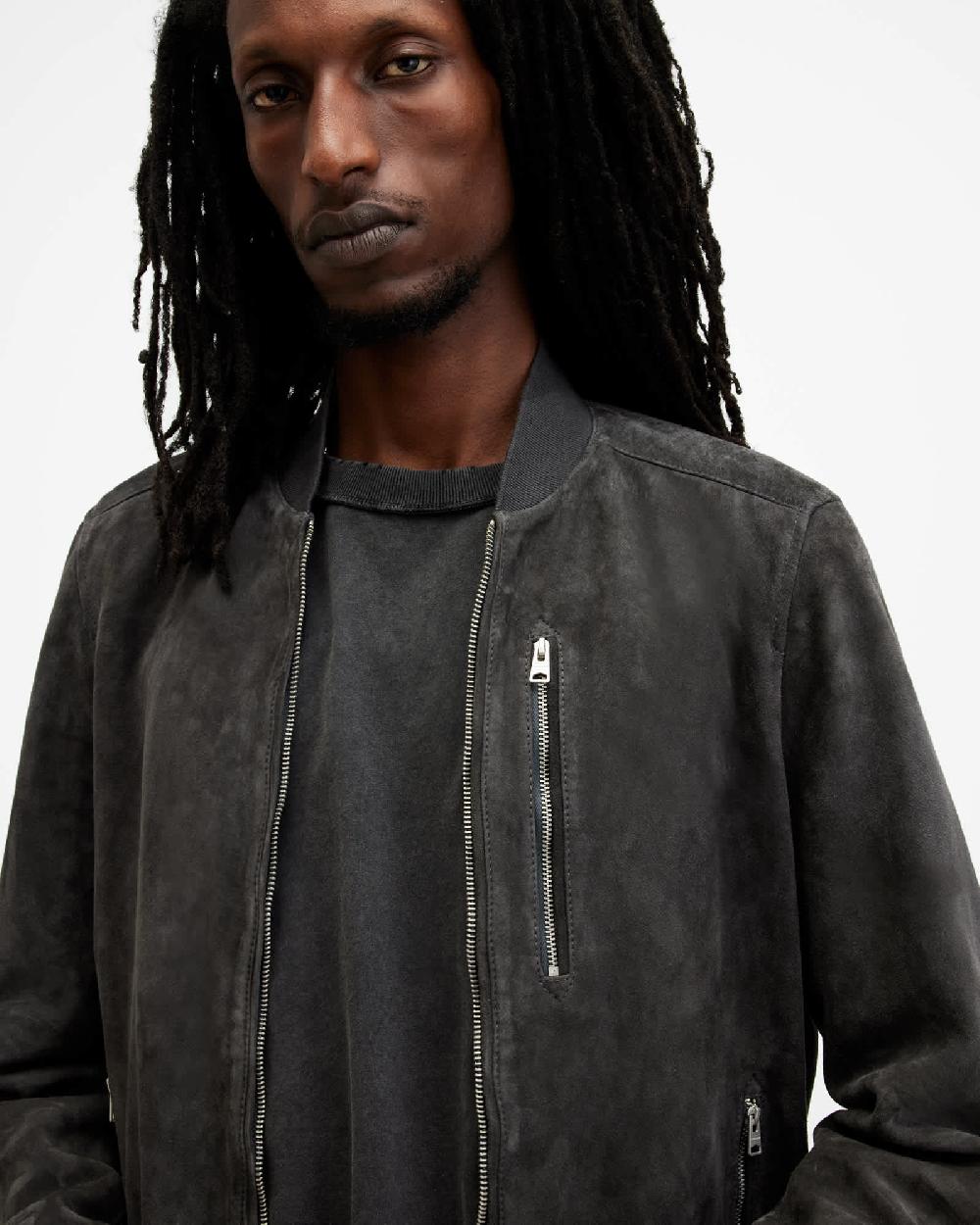 All Saints Kemble Suede Bomber Jacket Soot Grey