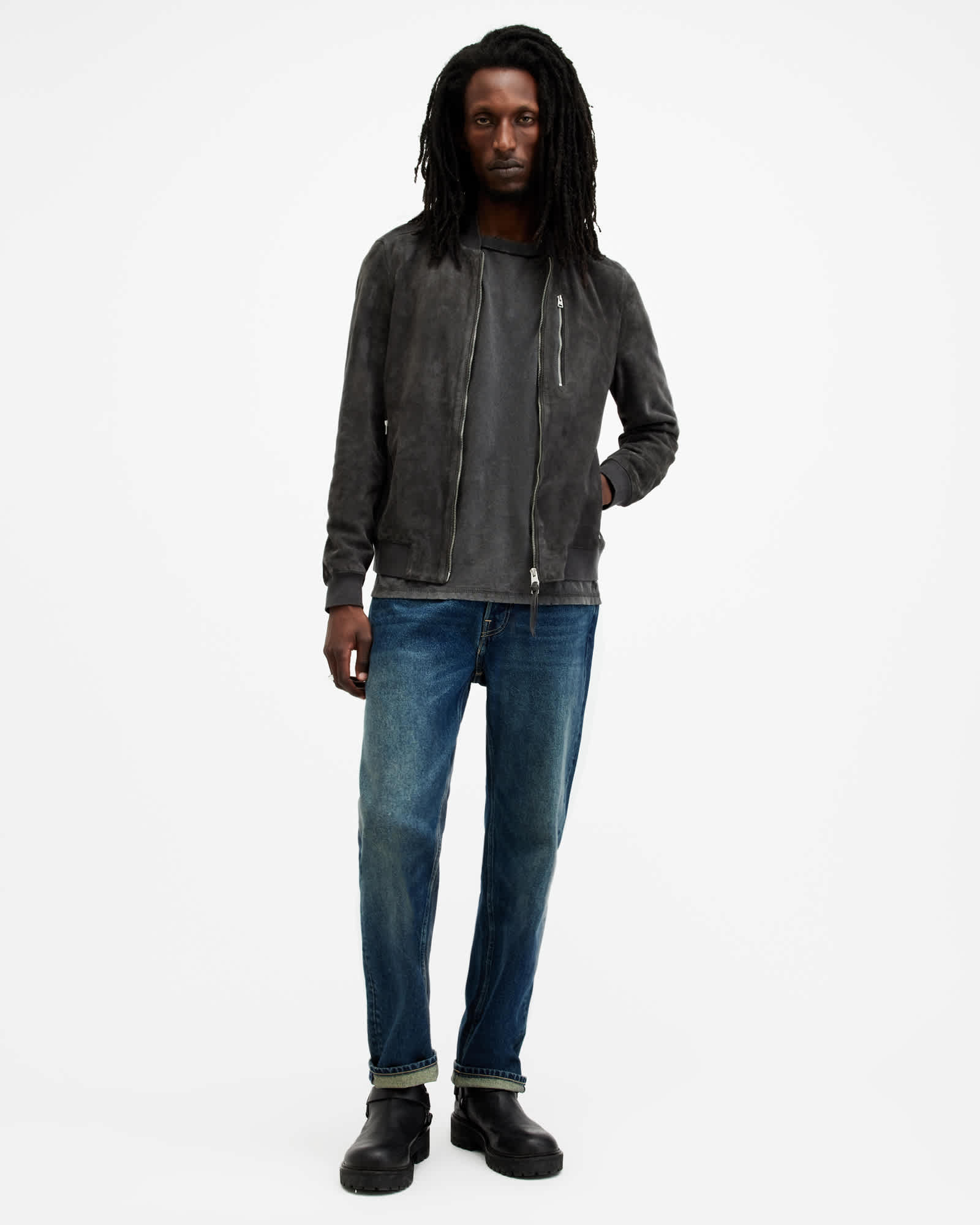 All Saints Kemble Suede Bomber Jacket Soot Grey