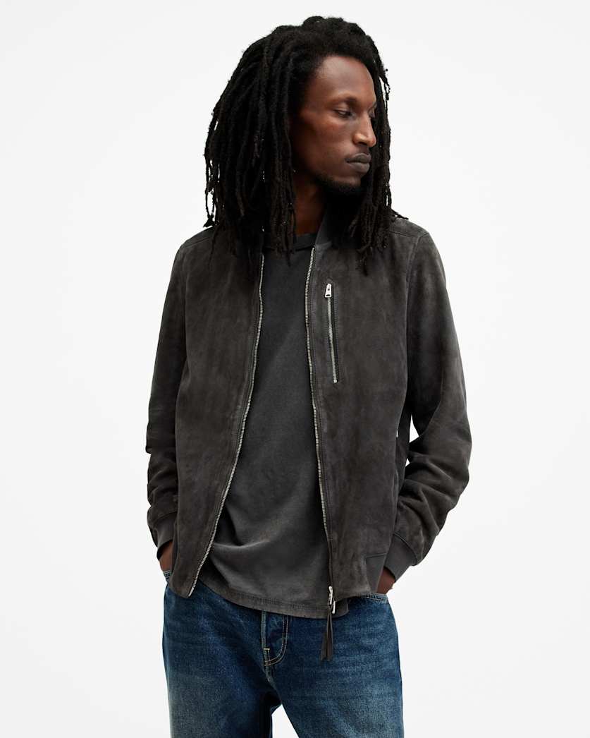 all saints Kemble Suede Bomber Jacket Soot Grey