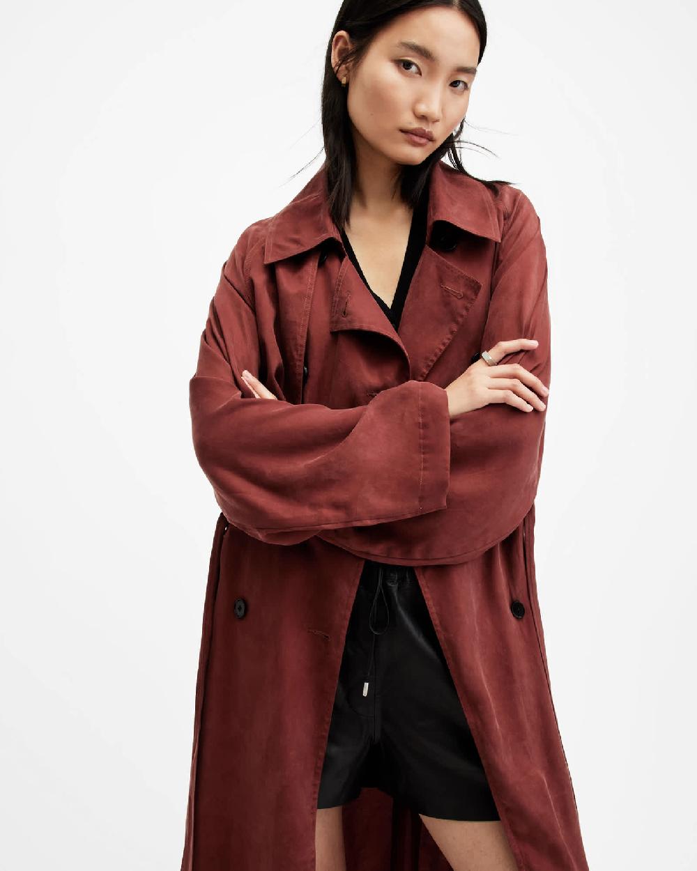 All Saints Kikki Oversized Trench Coat Burnt Red