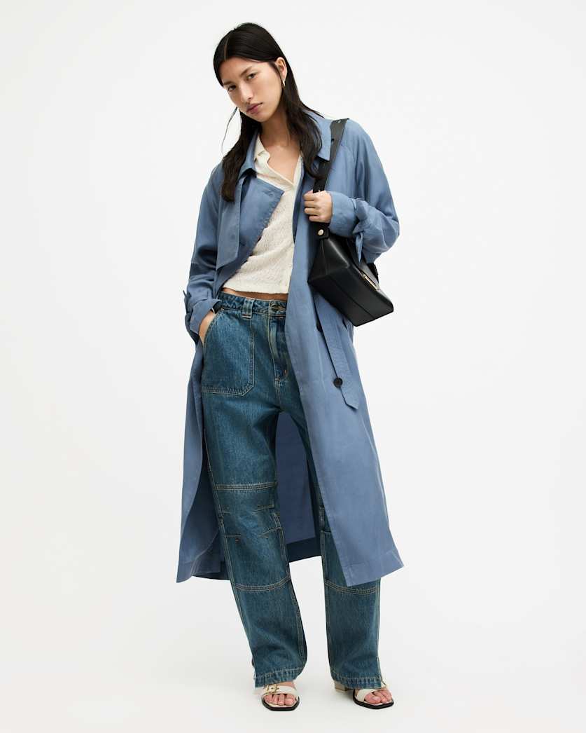 all saints Kikki Oversized Trench Coat Petrol Blue