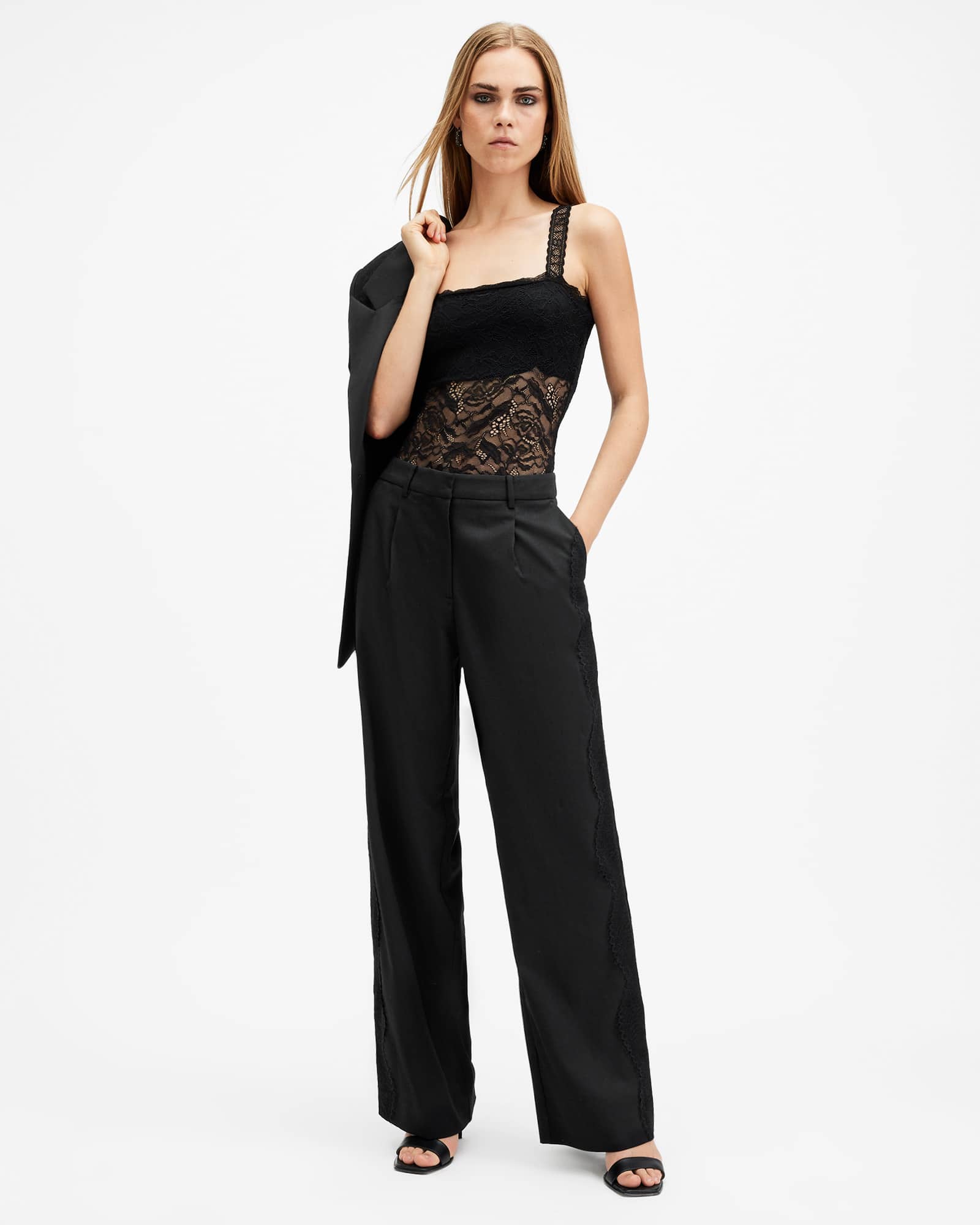 All Saints Lacey Lace Trim Pants Black