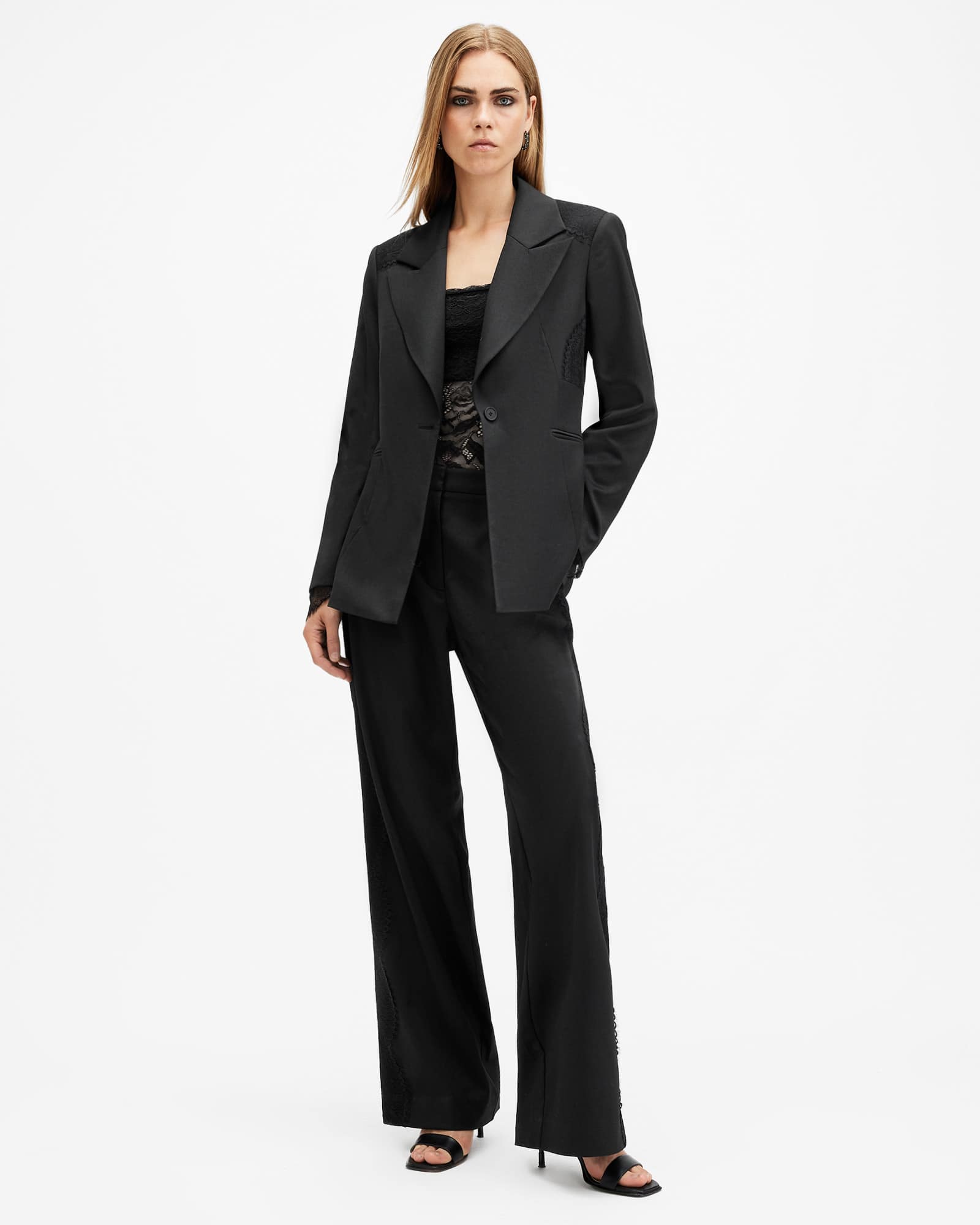 All Saints Lacey Tailored Lace Trim Blazer Black