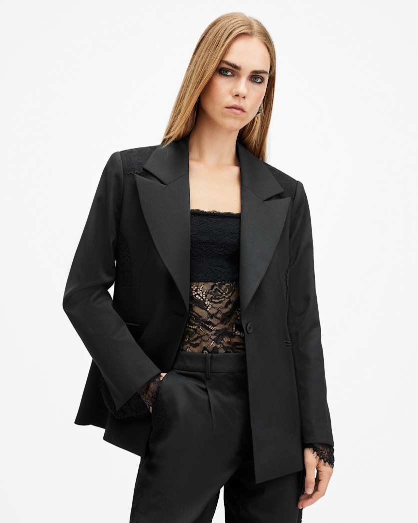 all saints Lacey Tailored Lace Trim Blazer Black