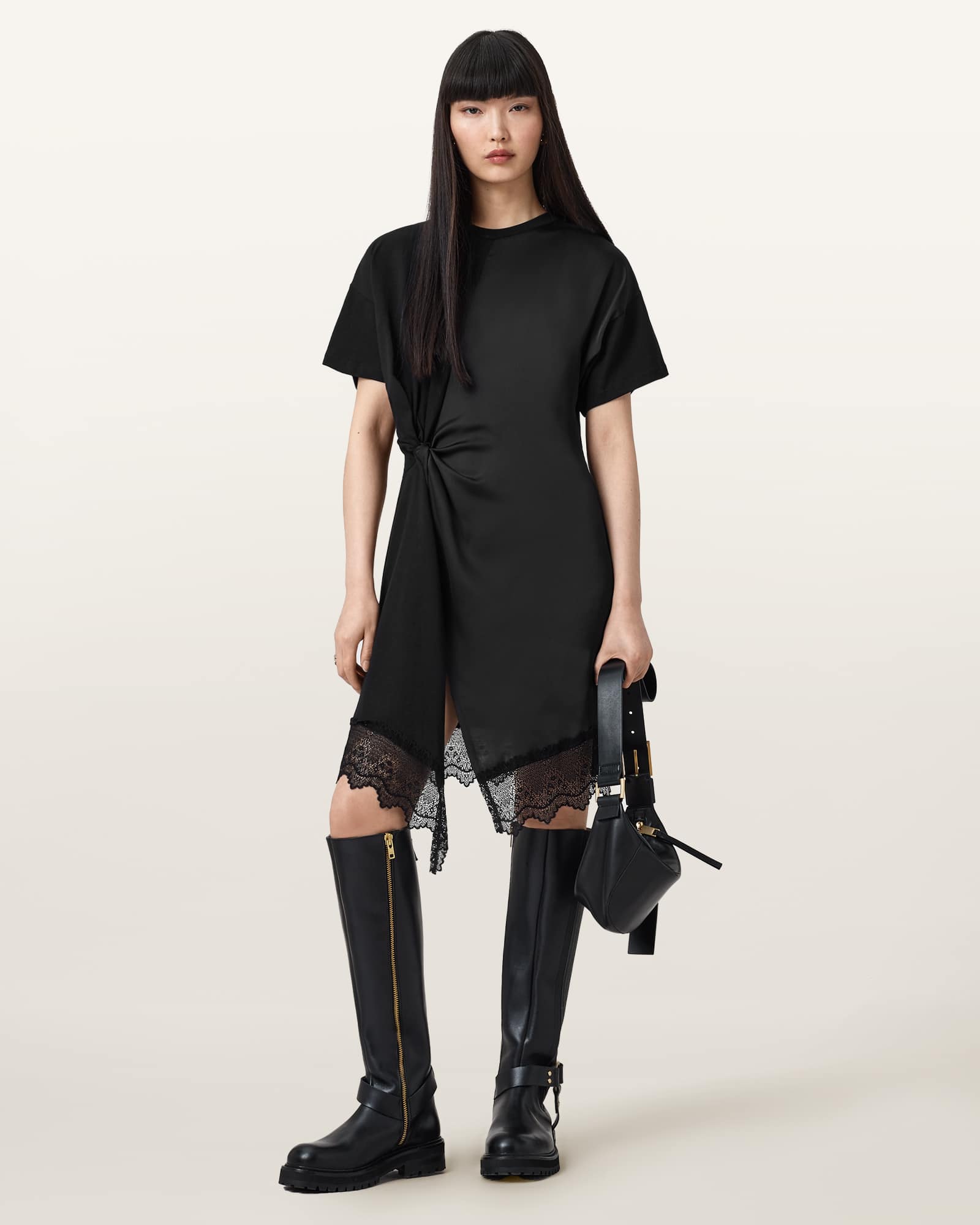 All Saints Lana Lace Trim Mini T-Shirt Dress Black