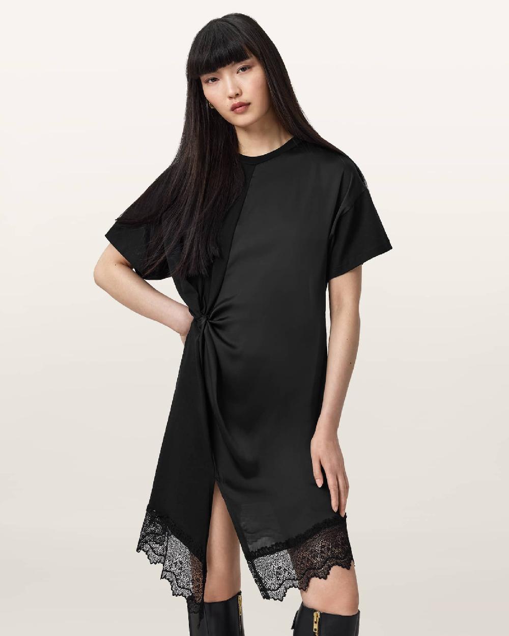 All Saints Lana Lace Trim Mini T-Shirt Dress Black
