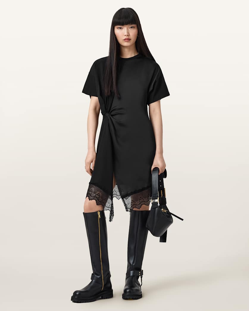 all saints Lana Lace Trim Mini T-Shirt Dress Black