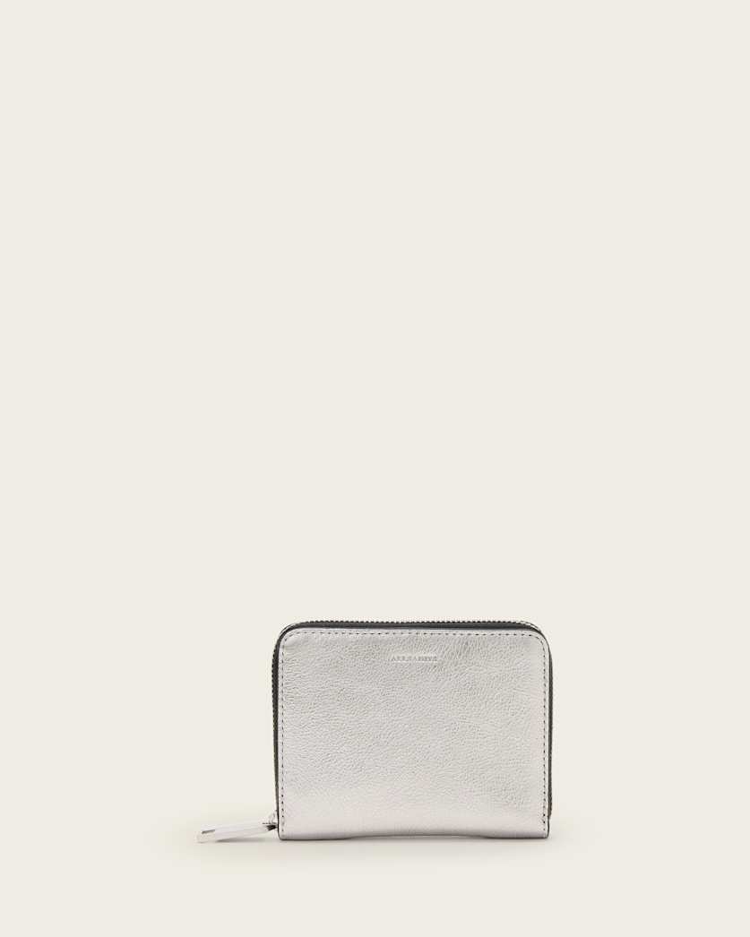 all saints Lena Leather Zip Wallet Silver