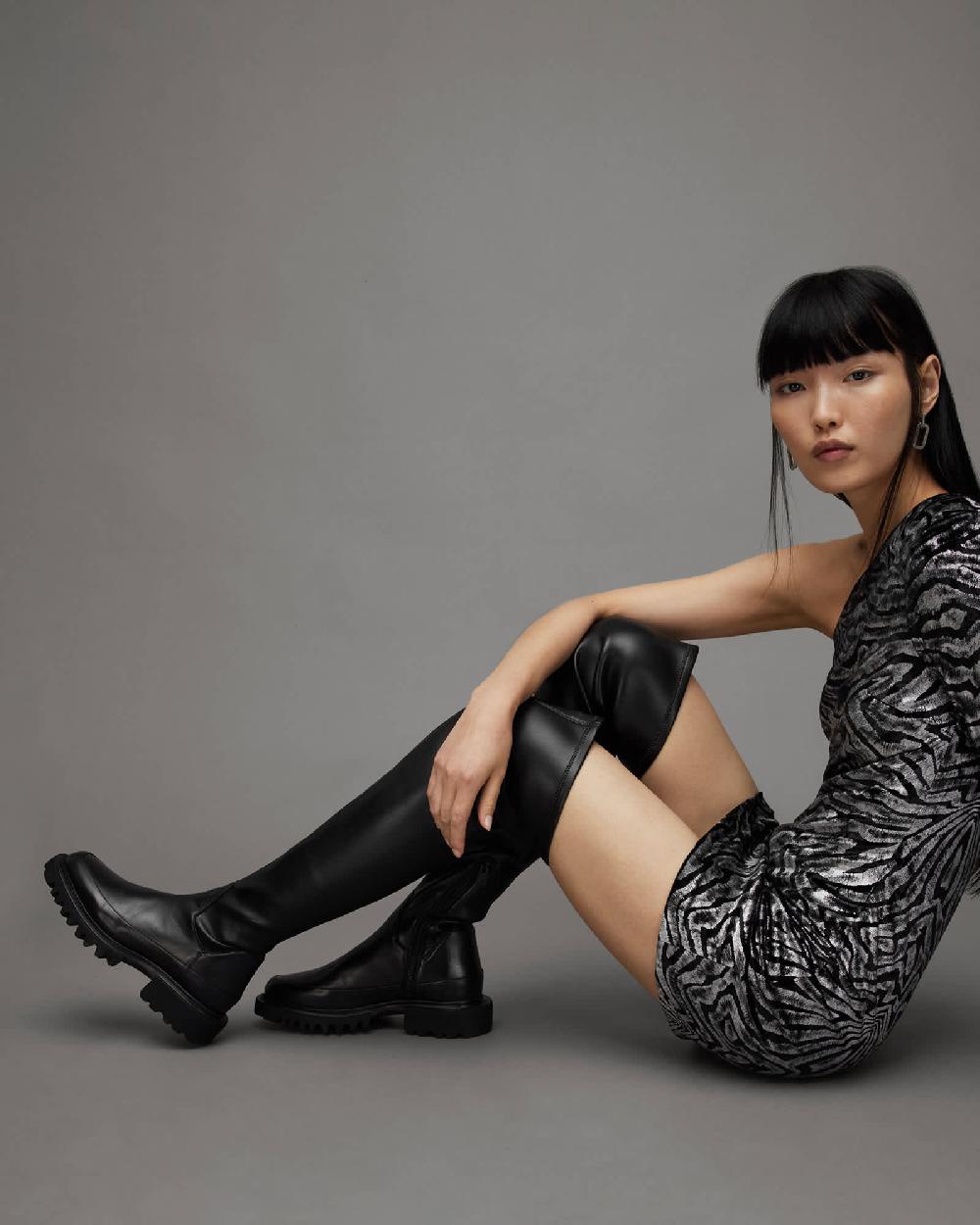 All Saints Leona Over The Knee Leather Boots Black