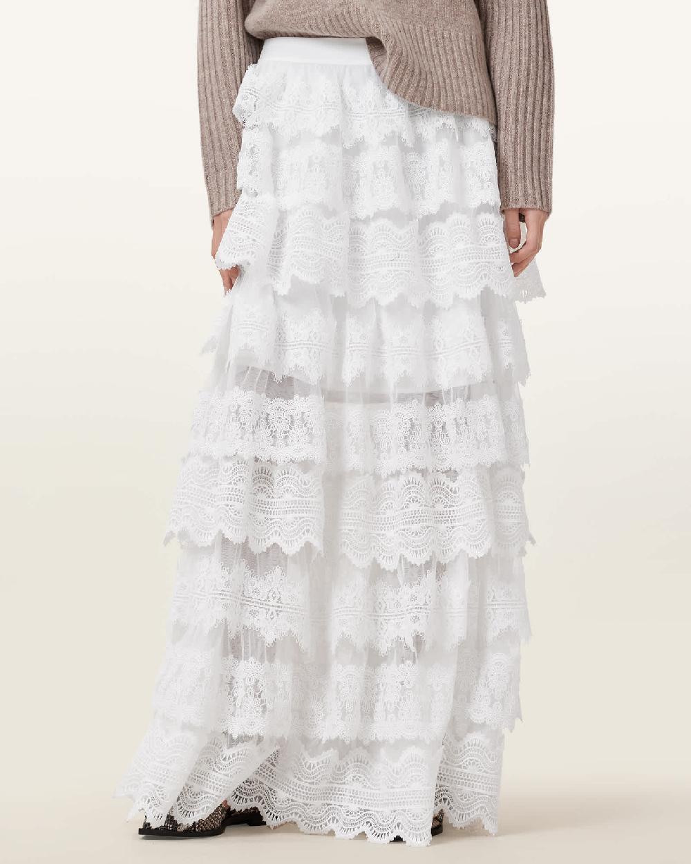 All Saints Lizi Tiered Lace Maxi Skirt Chalk White