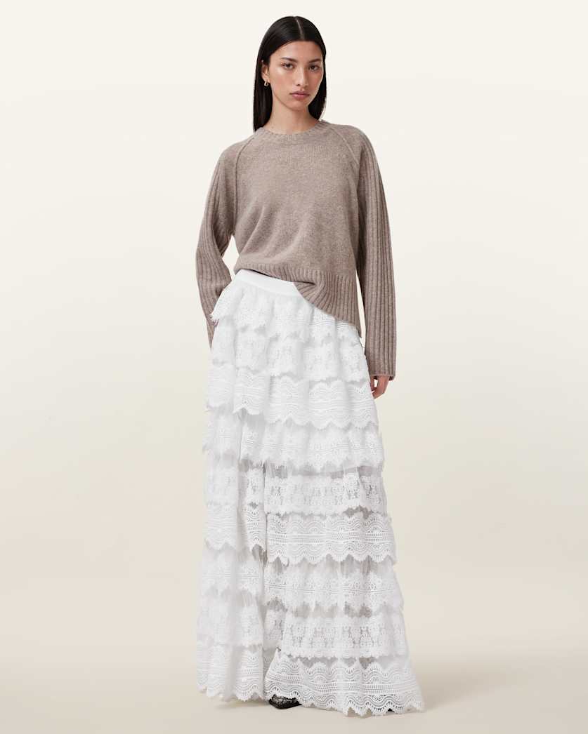 all saints Lizi Tiered Lace Maxi Skirt Chalk White
