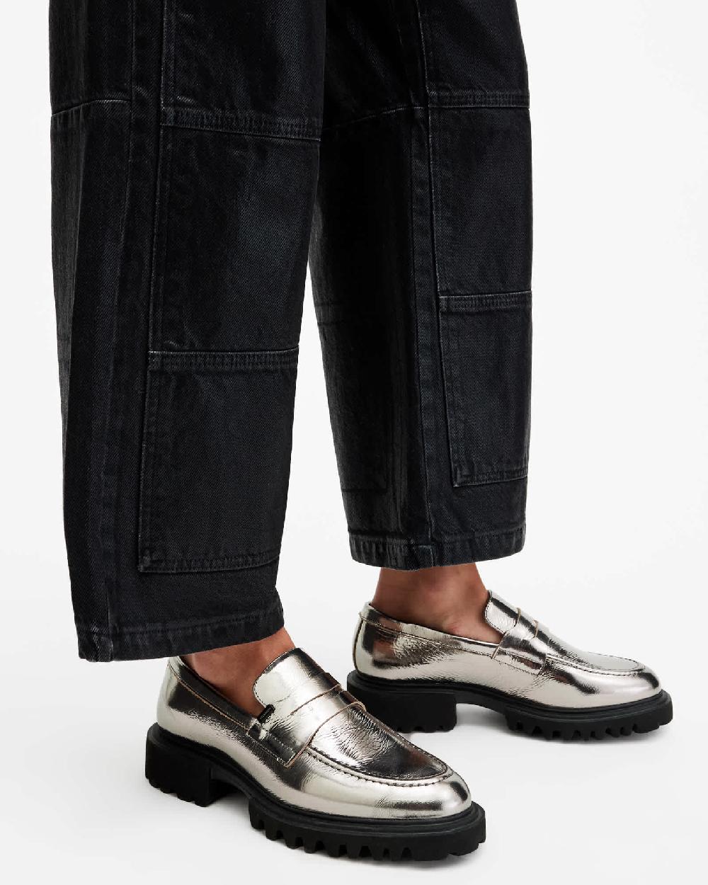 All Saints Lola Leather Loafers Gunmetal Grey
