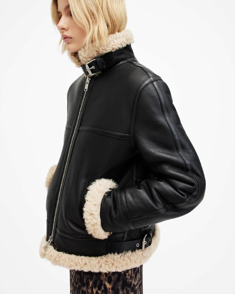 All Saints Lorel Shearling Flying Jacket Black