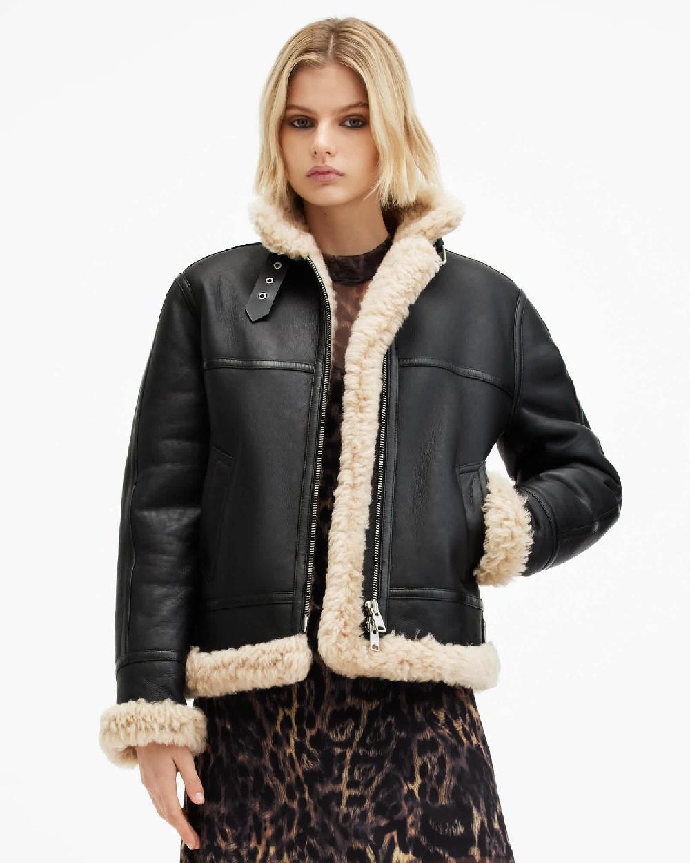 All Saints Lorel Shearling Flying Jacket Black