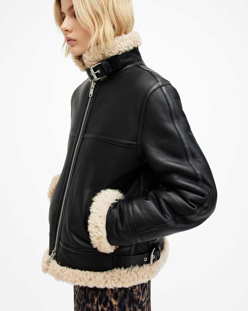 all saints Lorel Shearling Flying Jacket Black